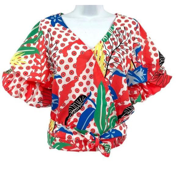 Everlynn Apparel Women's Size M Colorful Wrap Blouse Short Sleeve Tie-Waist NWT - Picture 1 of 12